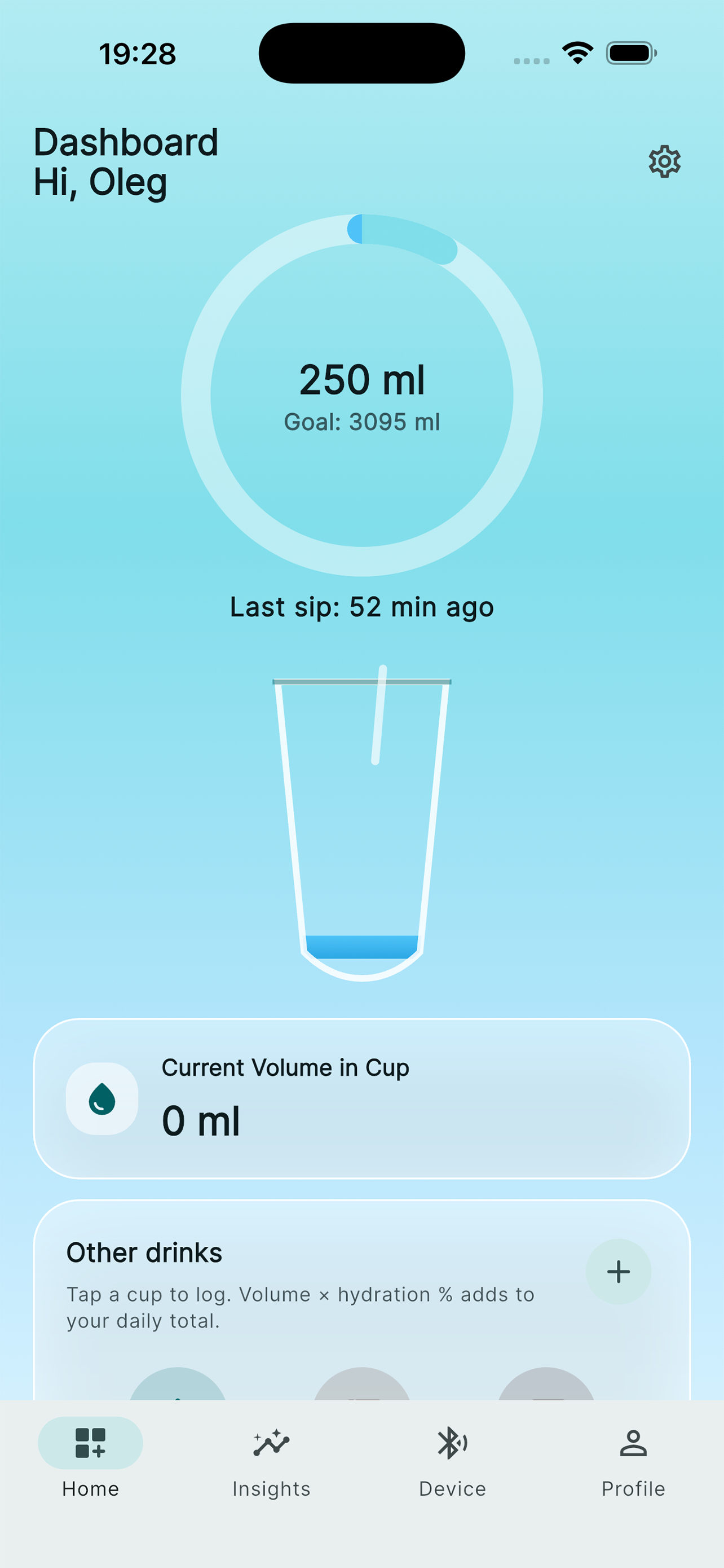 Dashboard — goal ring & bottle fill